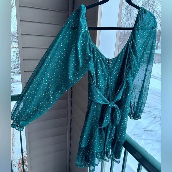 🆕 ✨ Midnight Doll Green Gold Dotted Mini Dress M Tie Party Holiday Chic Size M - Picture 6 of 15